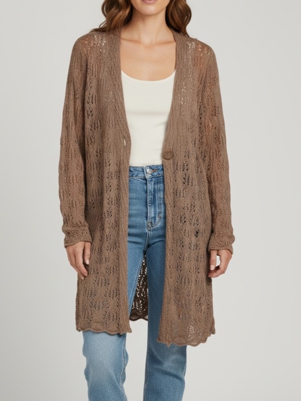 Woman Within crochet Taupe  Openwork  Cardigan Sz 1X